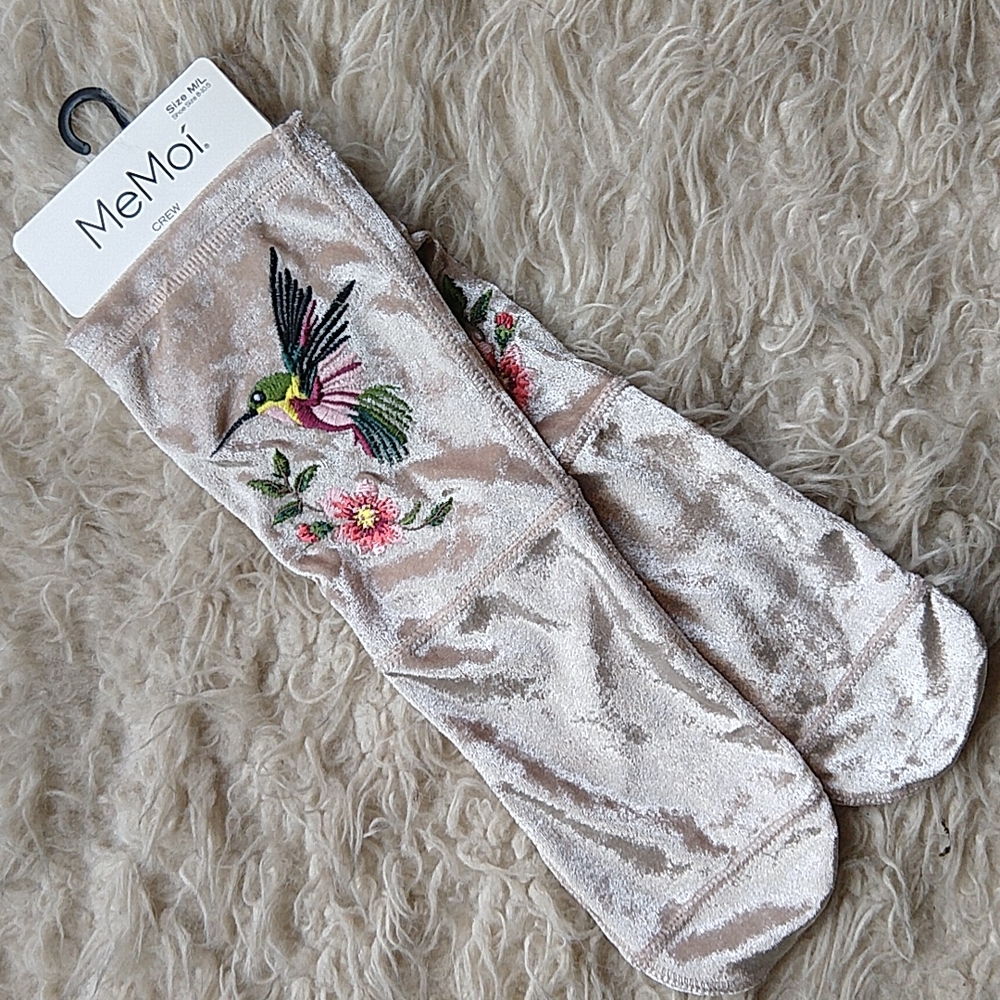 MeMoi Crushed Velvet Embroidered Hummingbird Statement Socks